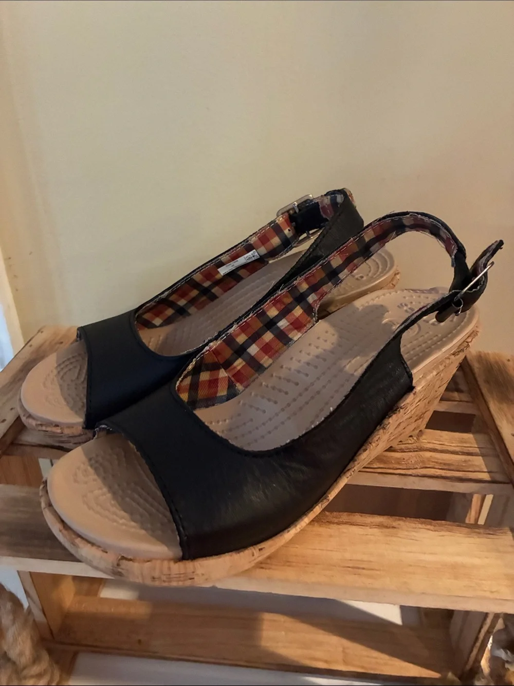 CROCS Black Wedge Slingback Sandals with Tan Cork Sole. 5W
